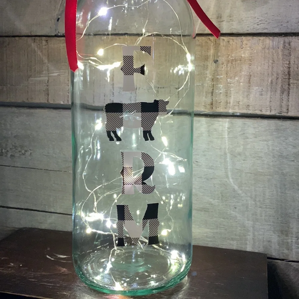 Hand Crafted-buffalo check “farm” large, clear, wine bottle lantern